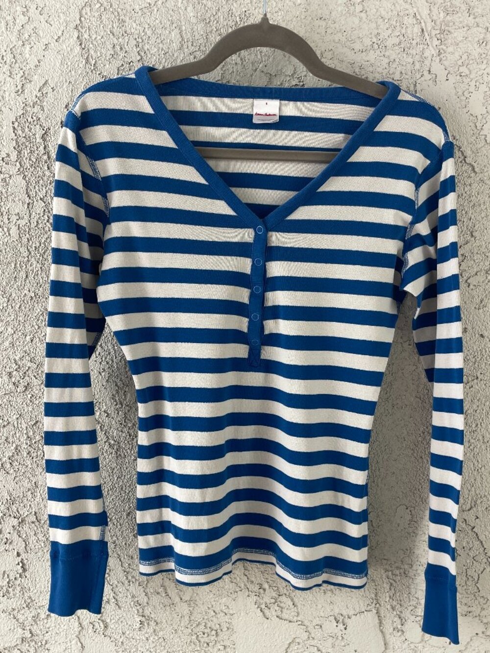 Hanna Andersson 100% Organic Cotton Blue White Striped Long Sleeve Henley Size S